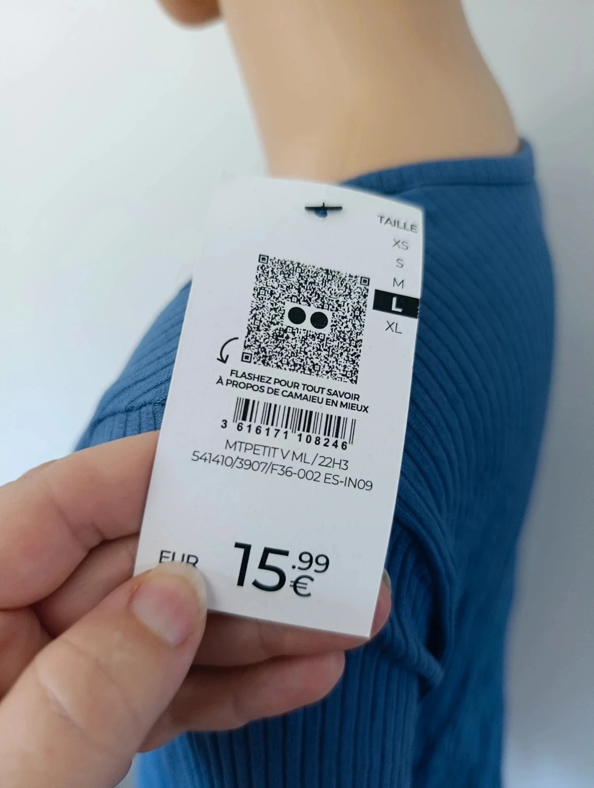 Camisa feminina Camaïeu azul canelado mangas longas gola V – Tamanho L – Nova com etiqueta – photo 5